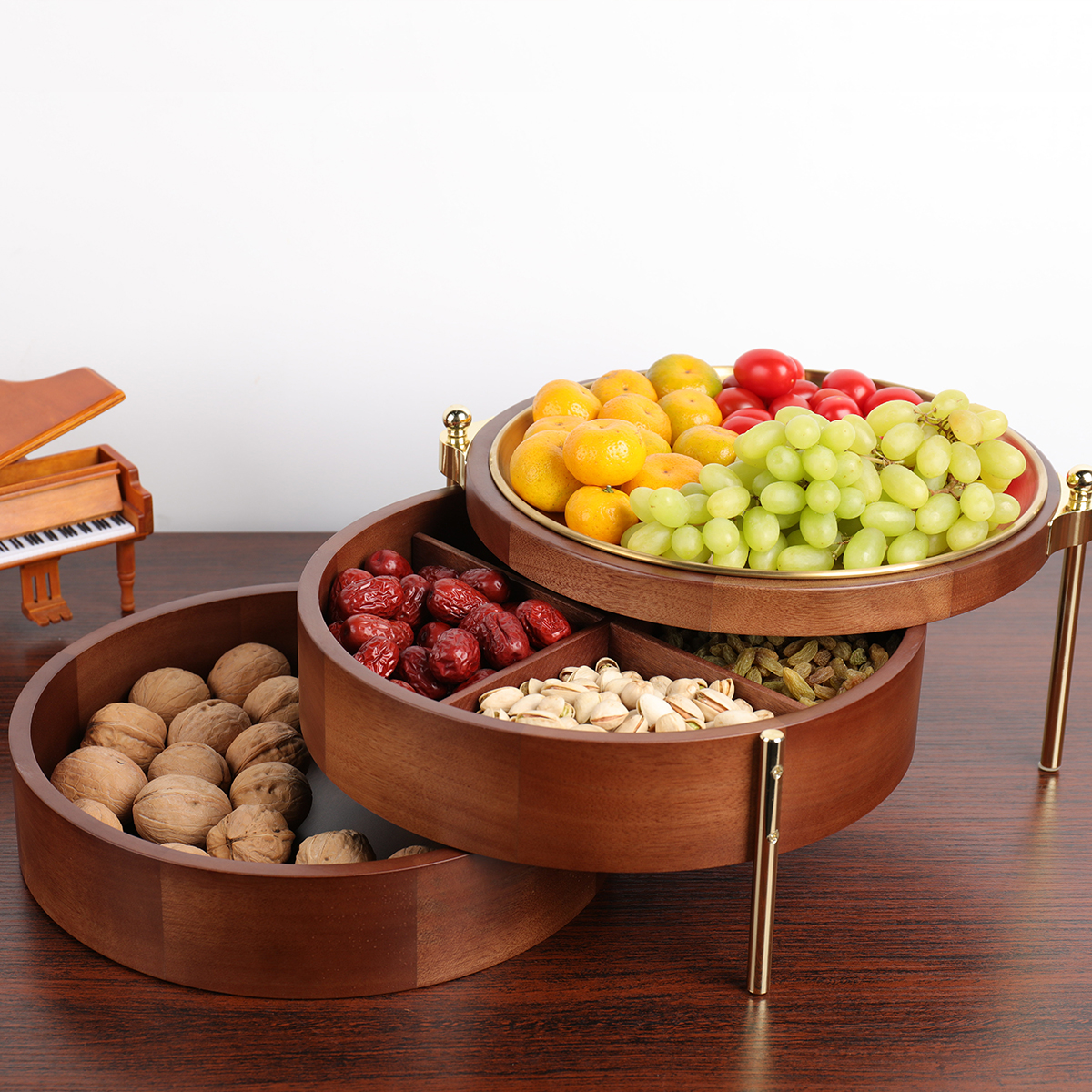 新中式实木客厅茶几铜色水果盘