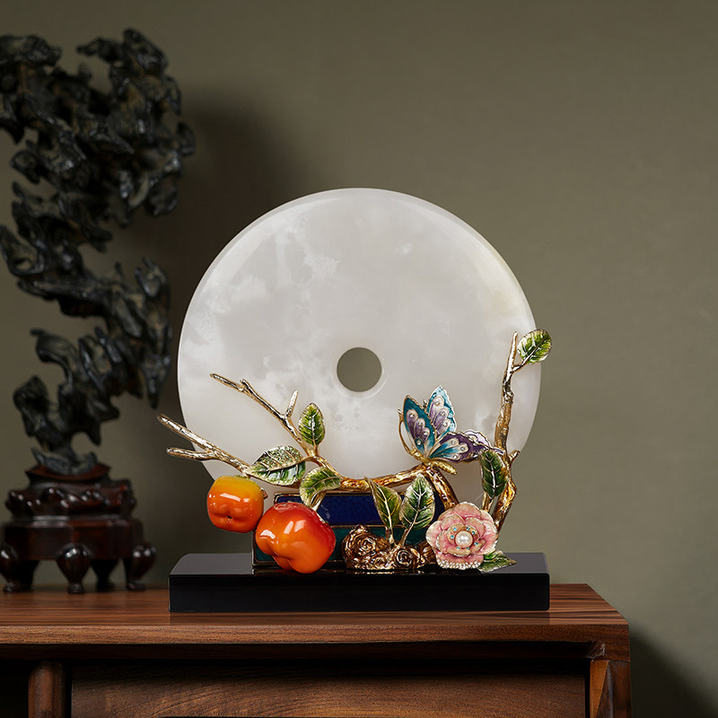 珐琅彩玉石平安扣摆件客厅玄关电视柜创意摆设办公室桌面摆台装饰