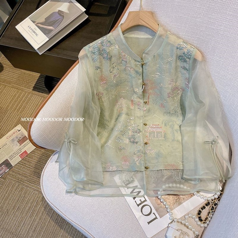 防晒衫薄款轻奢高级感新中式立领衬衣衬衫大码国风欧根纱蕾丝超仙