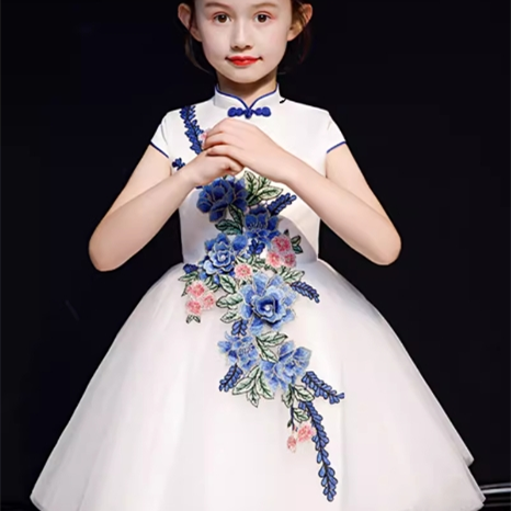 儿童礼服女蓬蓬公主裙青花瓷主持人洋气中国风古筝演出服花童六一