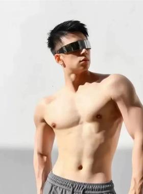 男生科技感一体墨镜时尚舞会太阳镜派对眼镜骑行街拍圆弧遮阳墨镜