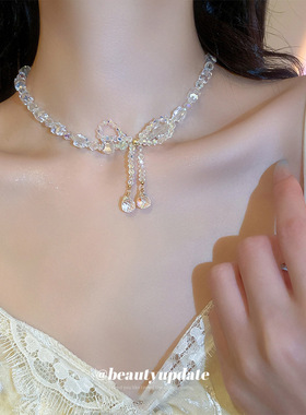 夏季超仙水晶蝴蝶结项链东大门小众轻奢锁骨链气质高级感项饰小众