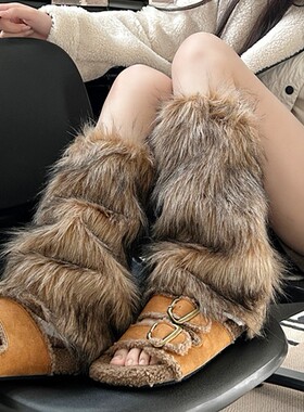 y2k辣妹灰黑色毛绒腿套女秋冬保暖中长筒仿狼毛堆堆袜套JK亚文化