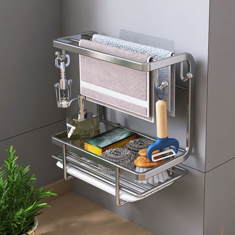 厨房抹布架壁挂毛巾架洗碗布海绵擦置物架新款沥水篮带挂钩收纳架