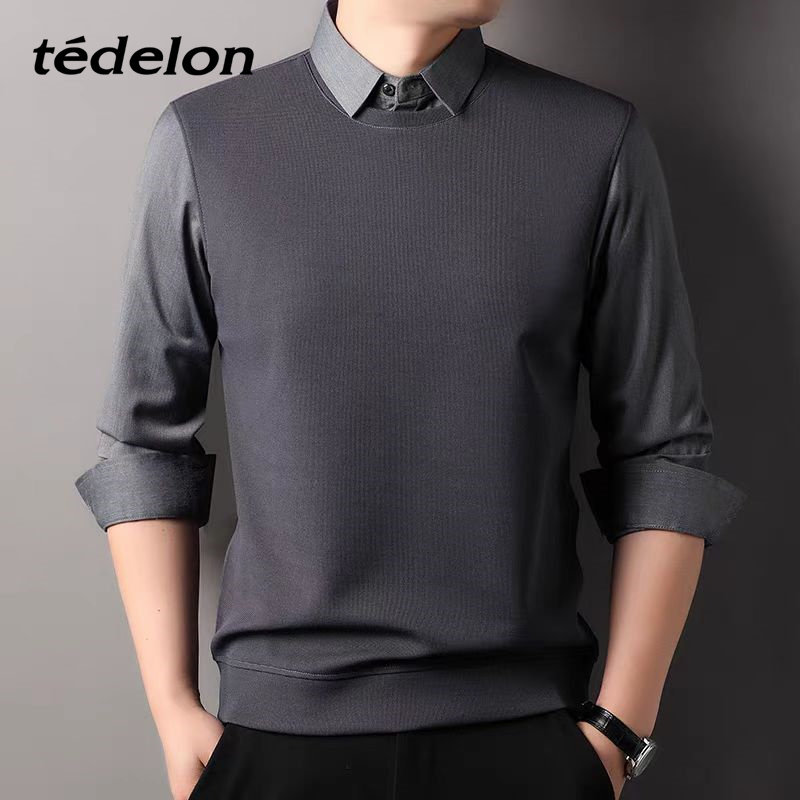 tedelon桑蚕丝假两件加绒卫衣