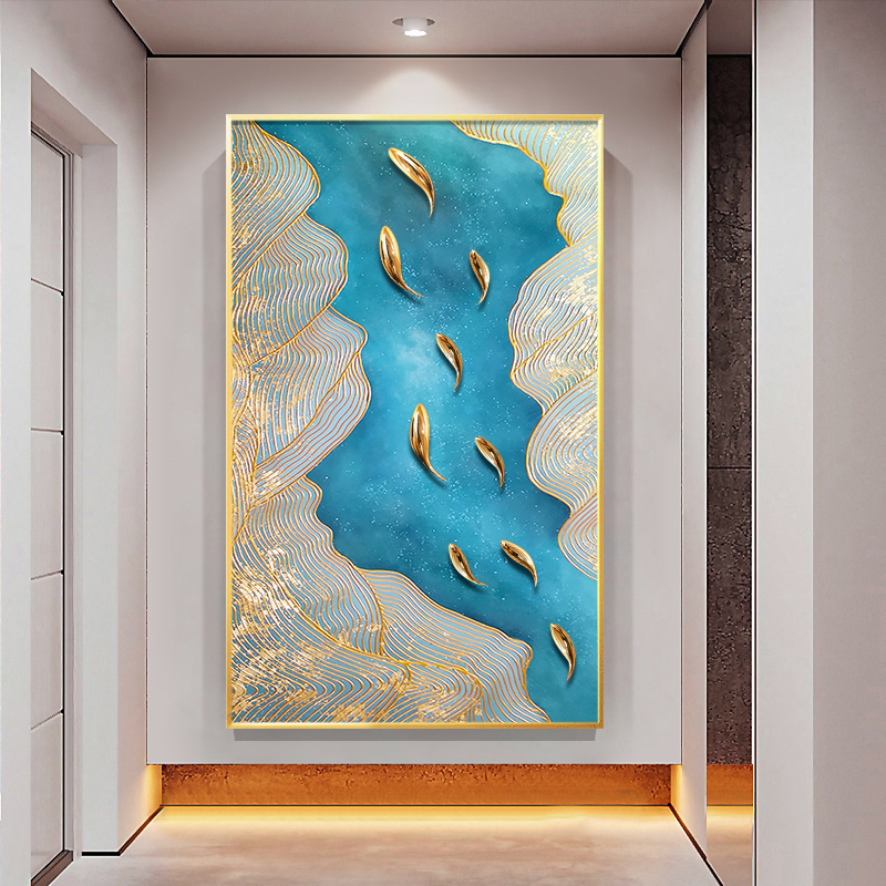 招财九鱼图玄关装饰画竖版手绘油画轻奢过道走廊入户现代立体挂画图片