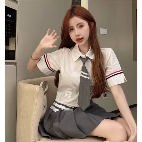 明星同款灰色条纹免打领带女懒人学院风灰色儿童幼儿园英伦校服