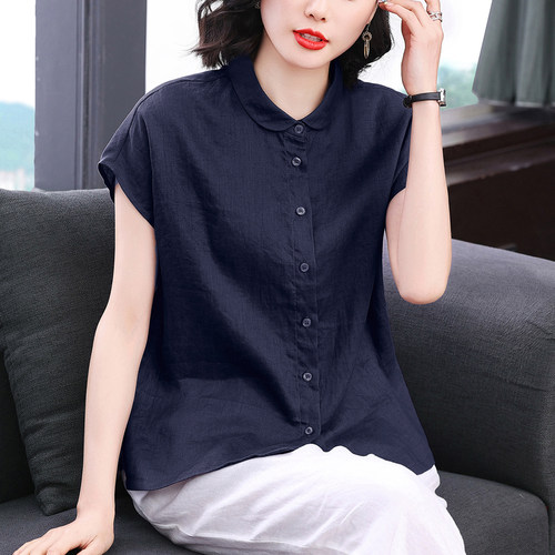 短袖衬衫纯亚麻上衣夏季高端妈妈