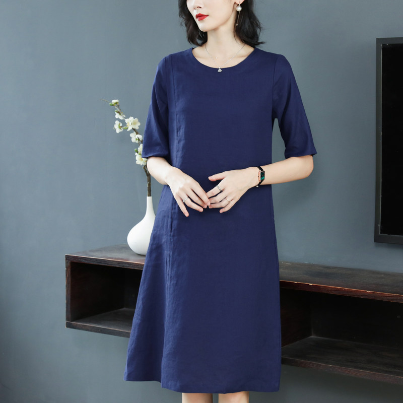 珂佐芙夏季大码文艺亚麻连衣裙女中袖宽松棉麻中长款裙子宽松袍子