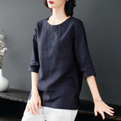 中长款 高端纯亚麻刺绣上衣女春夏新款 100%麻料宽松显瘦七分袖 T恤
