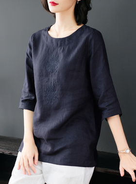 高端纯亚麻刺绣上衣女春夏新款100%麻料宽松显瘦七分袖中长款T恤