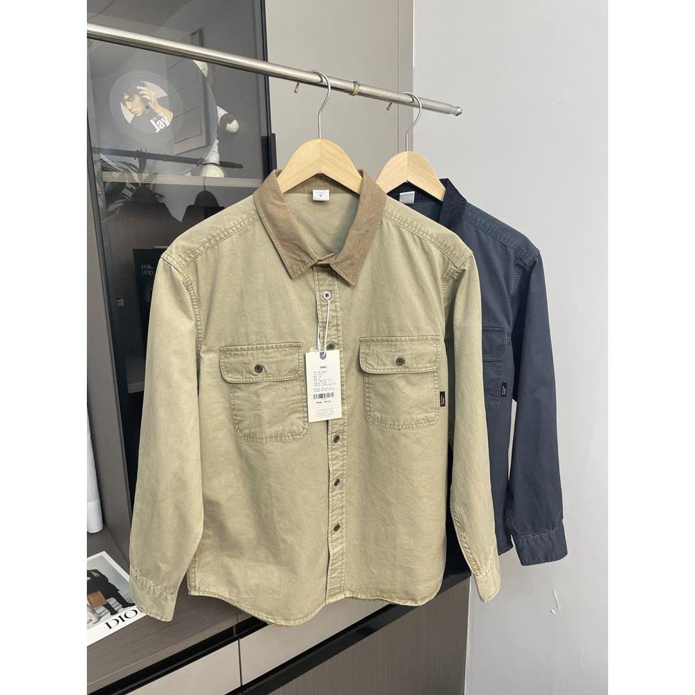 Mostarsea~美式覆古撞色拼接工装男士春秋季口袋长袖纯棉翻领衬衫