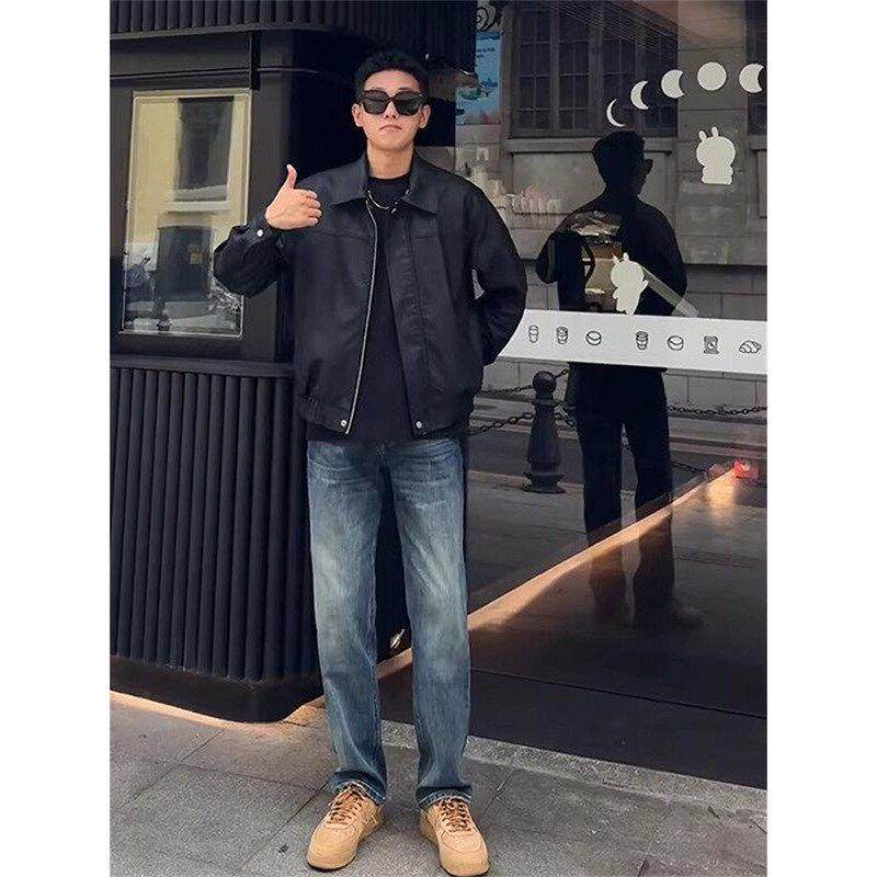 百搭马丁靴神裤！2026春秋深蓝色美式高街宽松直筒牛仔裤男