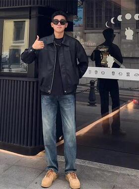 百搭马丁靴神裤！2026春秋深蓝色美式高街宽松直筒牛仔裤男