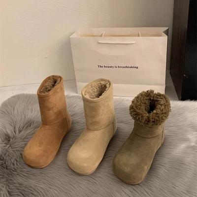 潮牌牛皮大头丑萌加绒雪地靴平底毛毛靴女勃肯靴保暖棉鞋复古短靴