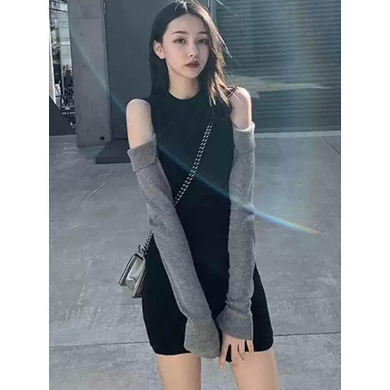 欧洲站秋装新款气质拼色露肩显高针织毛衣裙包臀时尚设计感连衣裙