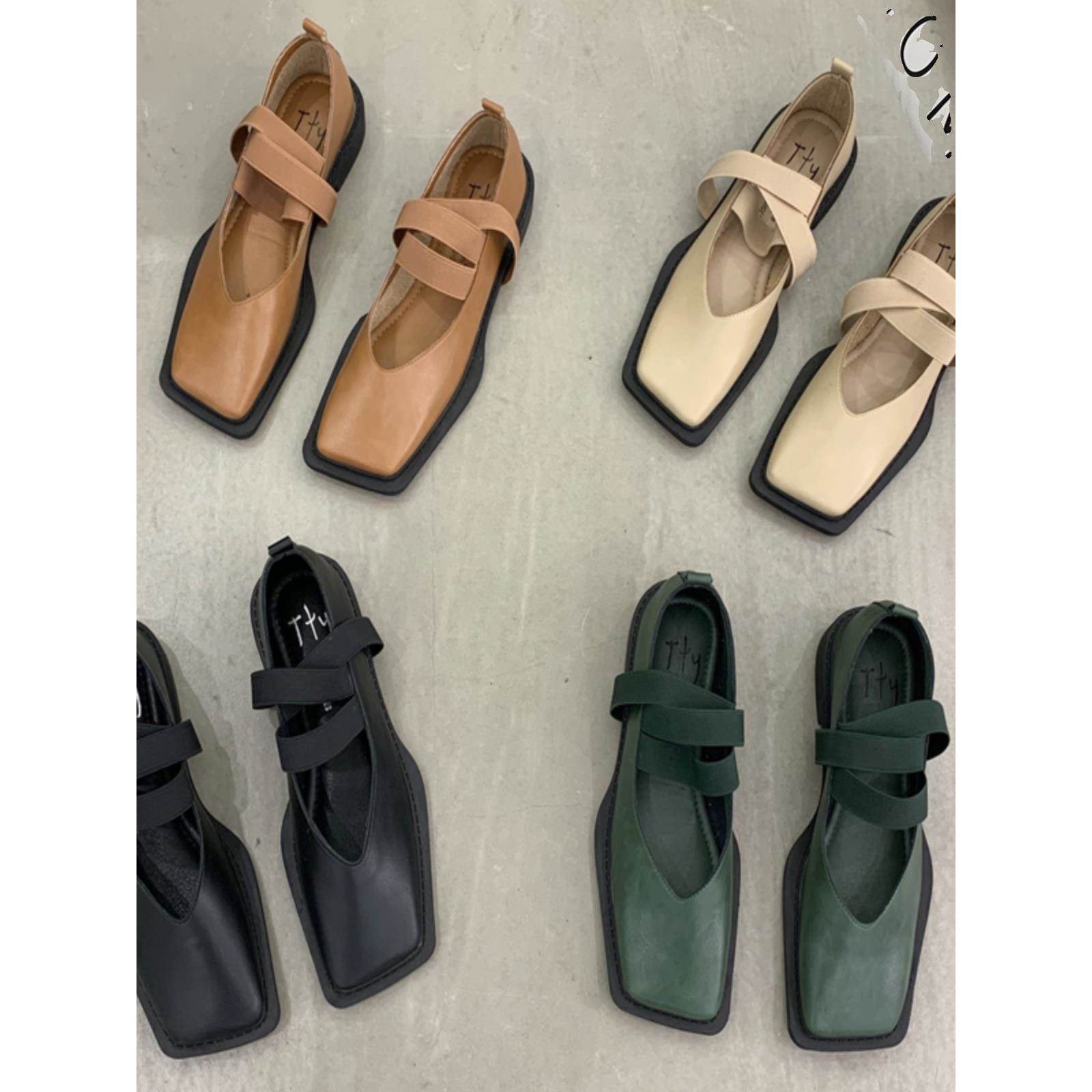 时尚品牌英伦风格小皮鞋2025新款覆古方趾厚跟玛丽简鞋拖鞋懒鞋