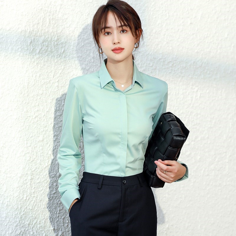 无烫黑衬衫女士修身长袖商务正装抗皱工作服竹纤维衬衫