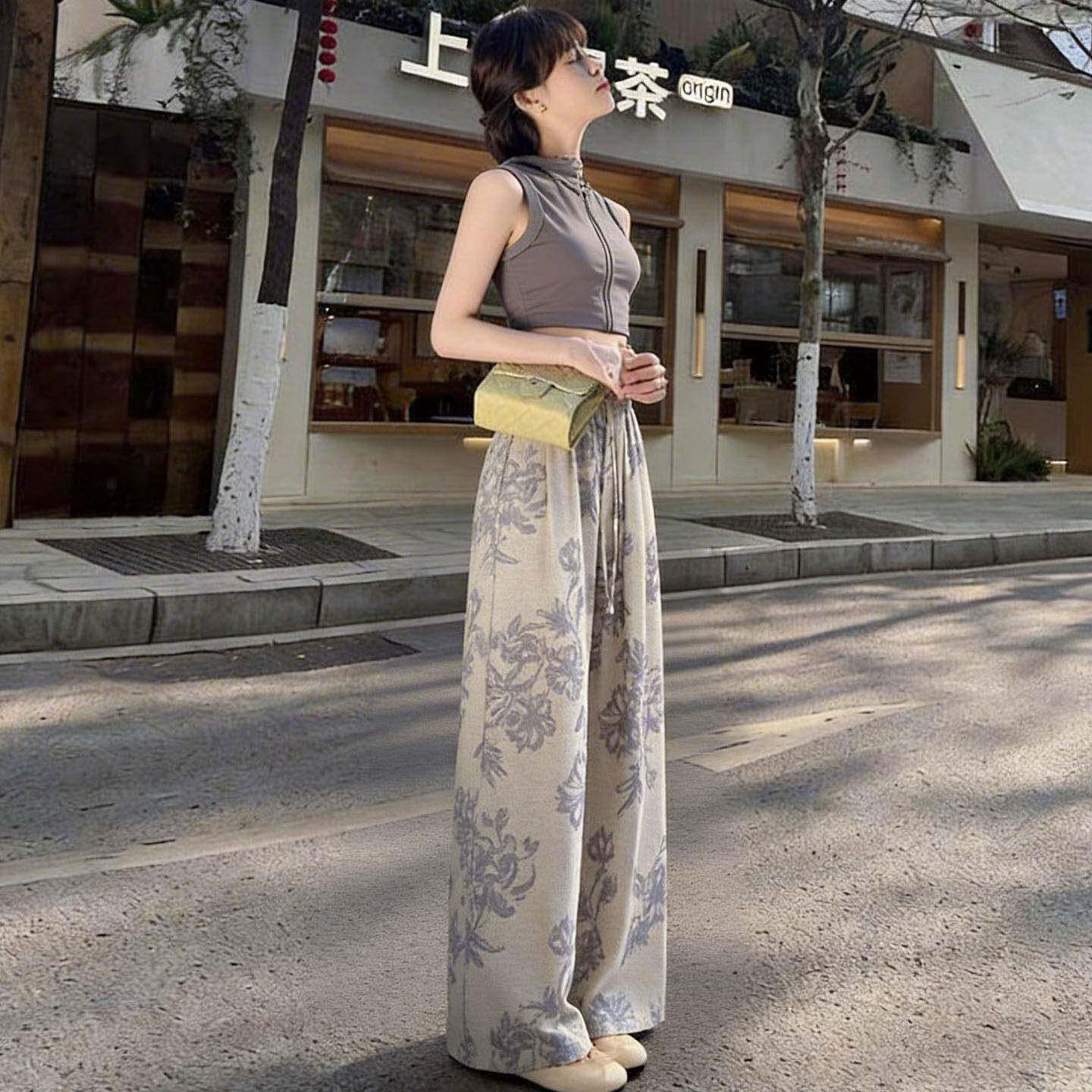 印花冰丝棉麻裤子女夏薄款2026新款宽松慵懒风高腰亚麻直筒山本裤