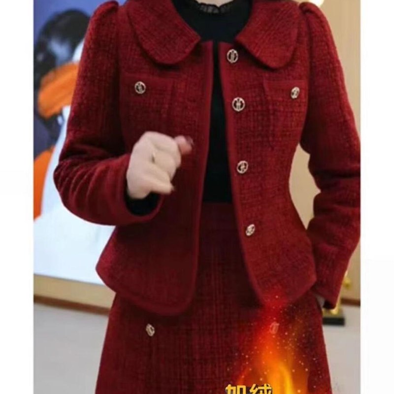 Ocnltiy喜婆婆婚宴装套装连衣裙女秋冬新款妈妈小香风红色两件套