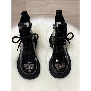 多功能金属扣短靴厚底春秋季 女式 修身 时尚 单 真皮靴2025新英伦风格