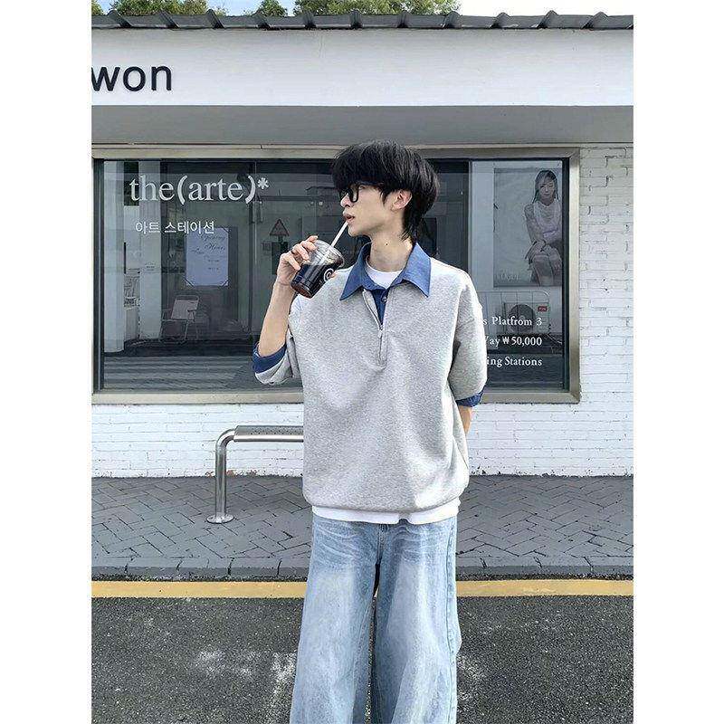 2026春季灰色假两件衬衫领卫衣男正肩显瘦半拉链POLO衫少年感上衣