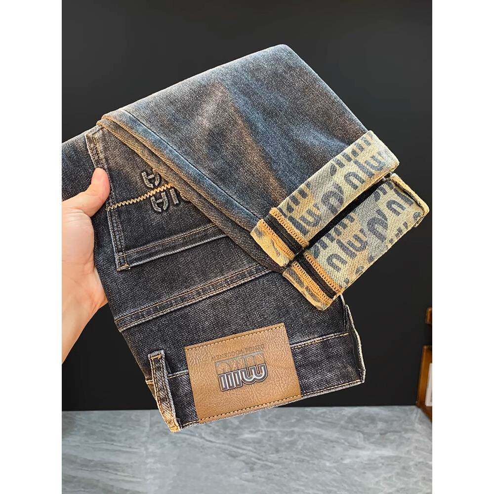 欧洲站潮牌印花牛仔裤男秋冬高端覆古宽松直筒中腰哈伦小脚长裤潮