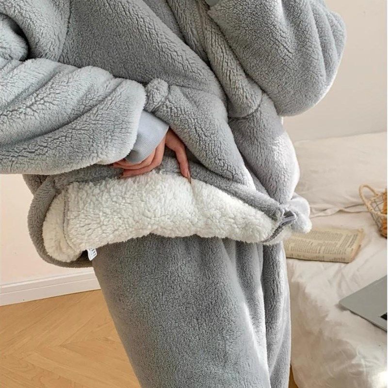 韩版连帽拉炼大口袋加厚羊羔绒睡衣女冬外穿保暖软糯牛奶绒家居服