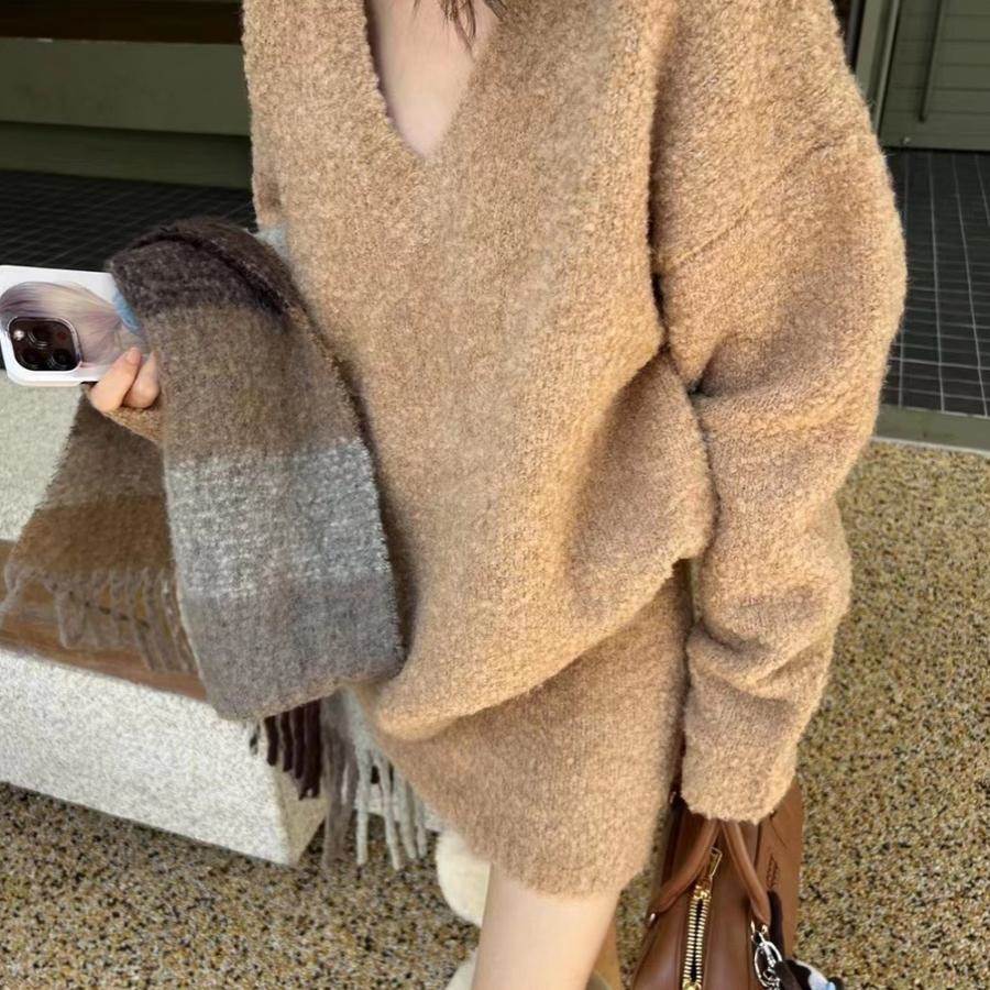 韩国2025秋新款气质毛绒宽松加厚毛衣短裙套装女时尚针织裙两件套