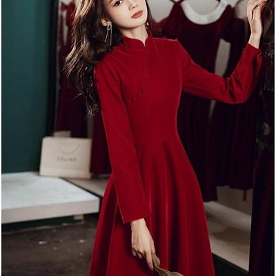 Ocnltiy酒红色旗袍敬酒服新娘秋冬季新款长袖丝绒长款结婚礼服女