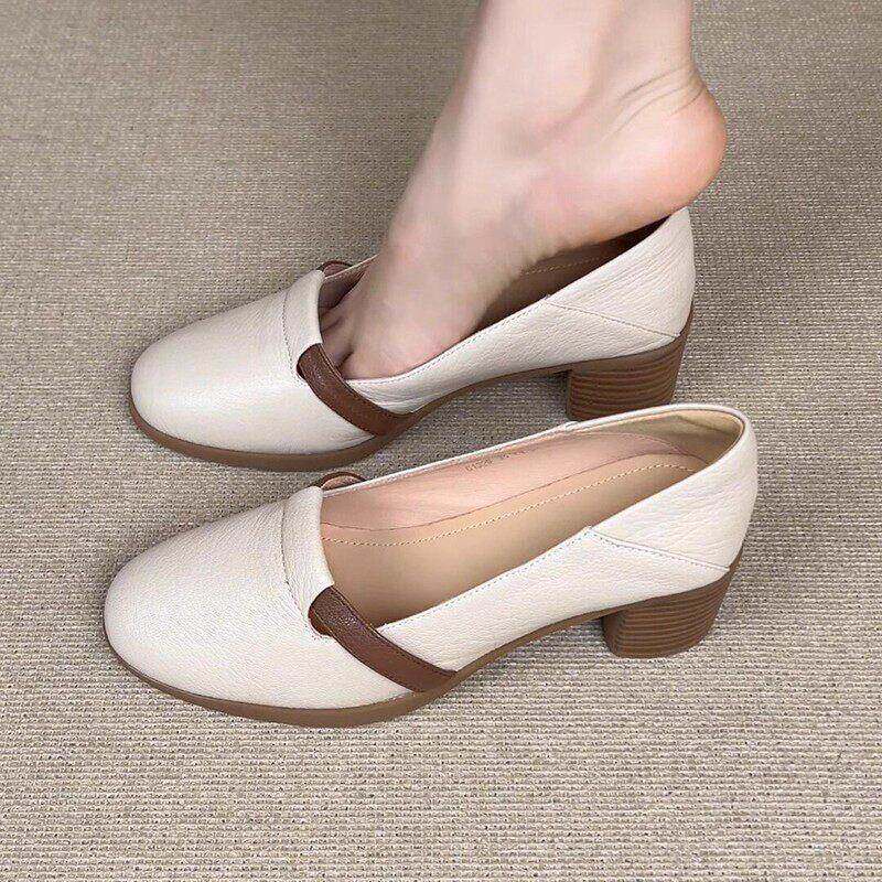 覆古真皮软底高跟乐福鞋女2025年秋季新款不累脚白色浅口粗跟单鞋