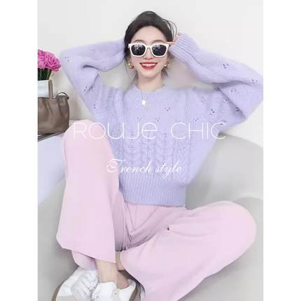 法国Rouje Chic2025春新款麻花纹软糯镂空针织衫毛衣女温柔风上衣