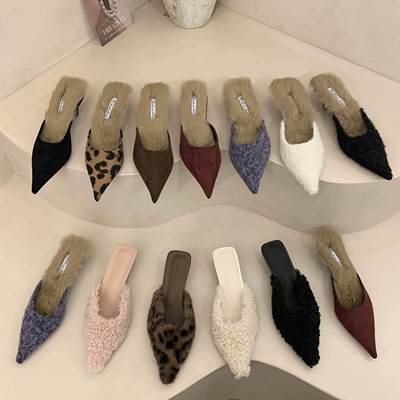 2025秋冬新款后妈风毛毛高跟鞋 包头保暖低跟单鞋 外穿拖鞋款式