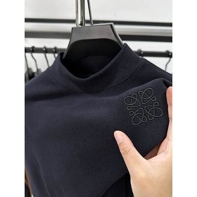 高档刺绣德绒打底衫男半高领磨毛加厚卫衣冬季潮牌中领内搭上衣潮