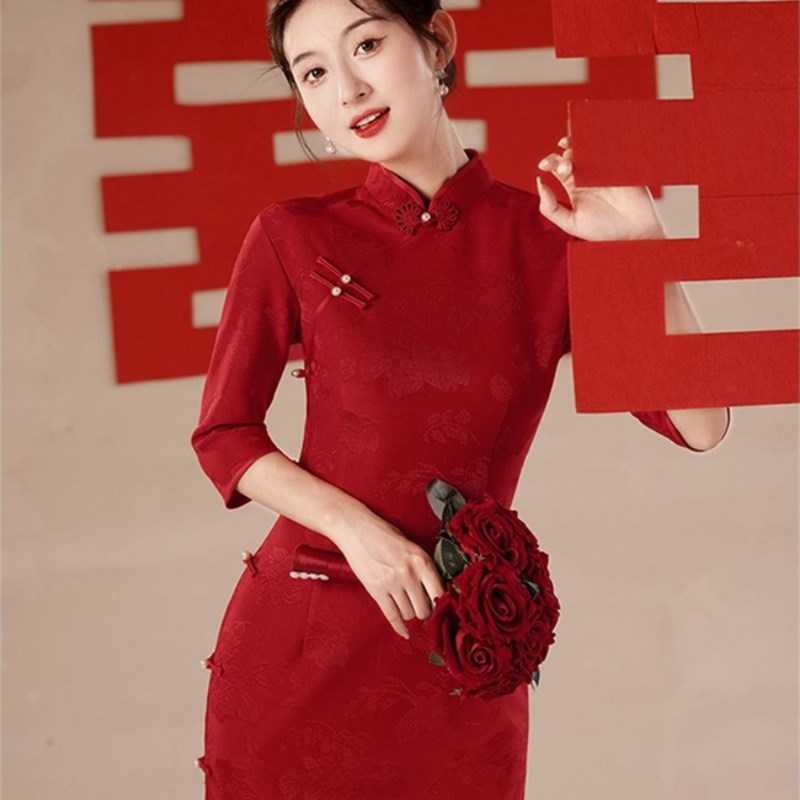 Ocnltiy七分袖红色旗袍连衣裙女春秋结婚订婚回门敬酒服新娘礼服