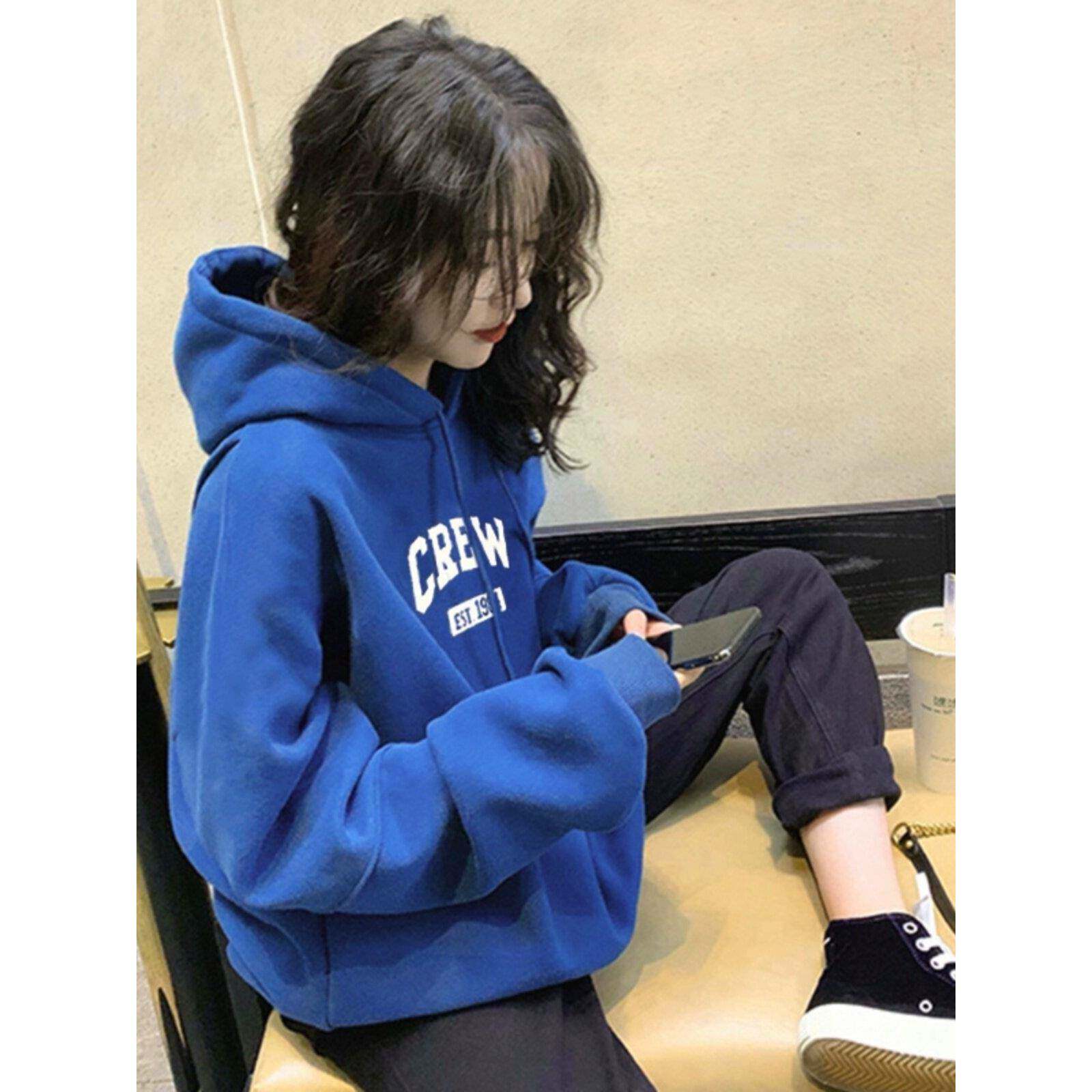 韩国2025秋冬新款克莱因蓝连帽卫衣女韩版宽松小众上衣洋气外套潮