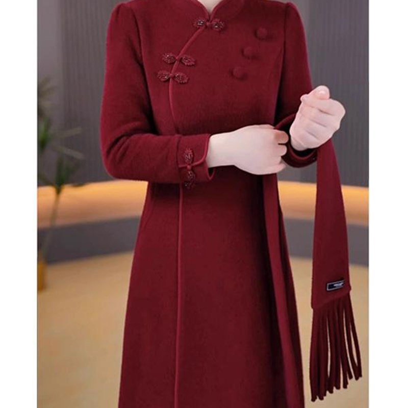 Ocnltiy加厚连衣裙女秋冬高端气质喜婆婆婚宴旗袍围巾两件套裙子