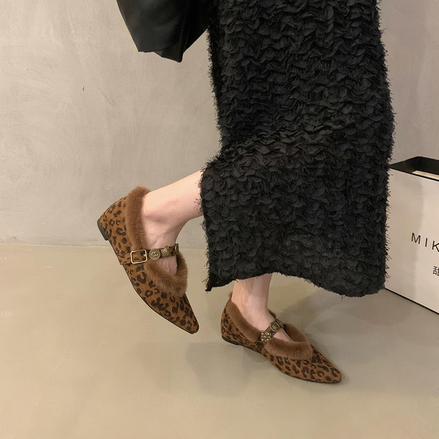 香港内增高毛毛棉鞋单鞋女鞋夏季新款尖头高级感豹纹玛丽珍晚晚鞋