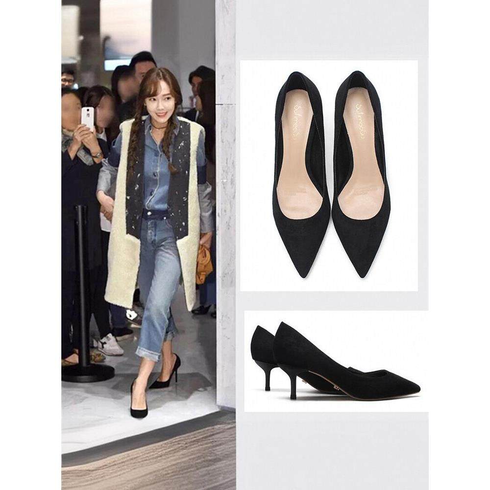 港风轻奢新款~尖头细跟高跟鞋女春秋季黑色真皮中跟浅口职业单鞋