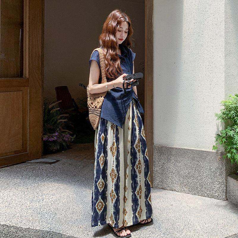 藏青色套装春夏季新款民族风松弛感系带衬衫印花阔腿裤子两件套