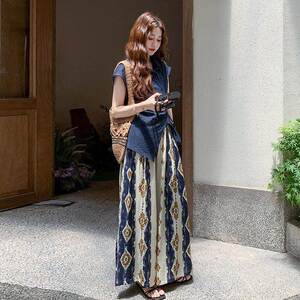 藏青色套装春夏季新款民族风松弛感系带衬衫印花阔腿裤子两件套