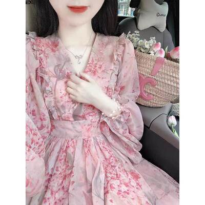 欧洲站2025初秋新花卉桔梗裙超级仙女减龄公主裙裙美丽长裙