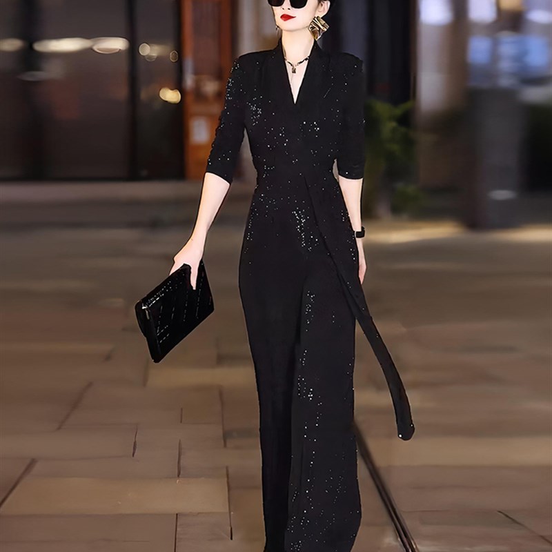 Ocnltiy时髦御姐范连体裤女春秋女装高腰宽松显瘦直筒裤黑色套装