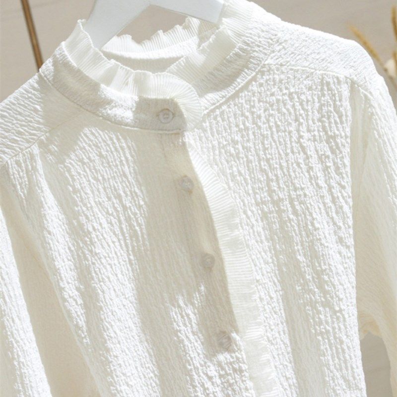 CULV新款荷叶边加绒雪纺衬衫女秋冬韩版修身显瘦设计感打底衫上衣