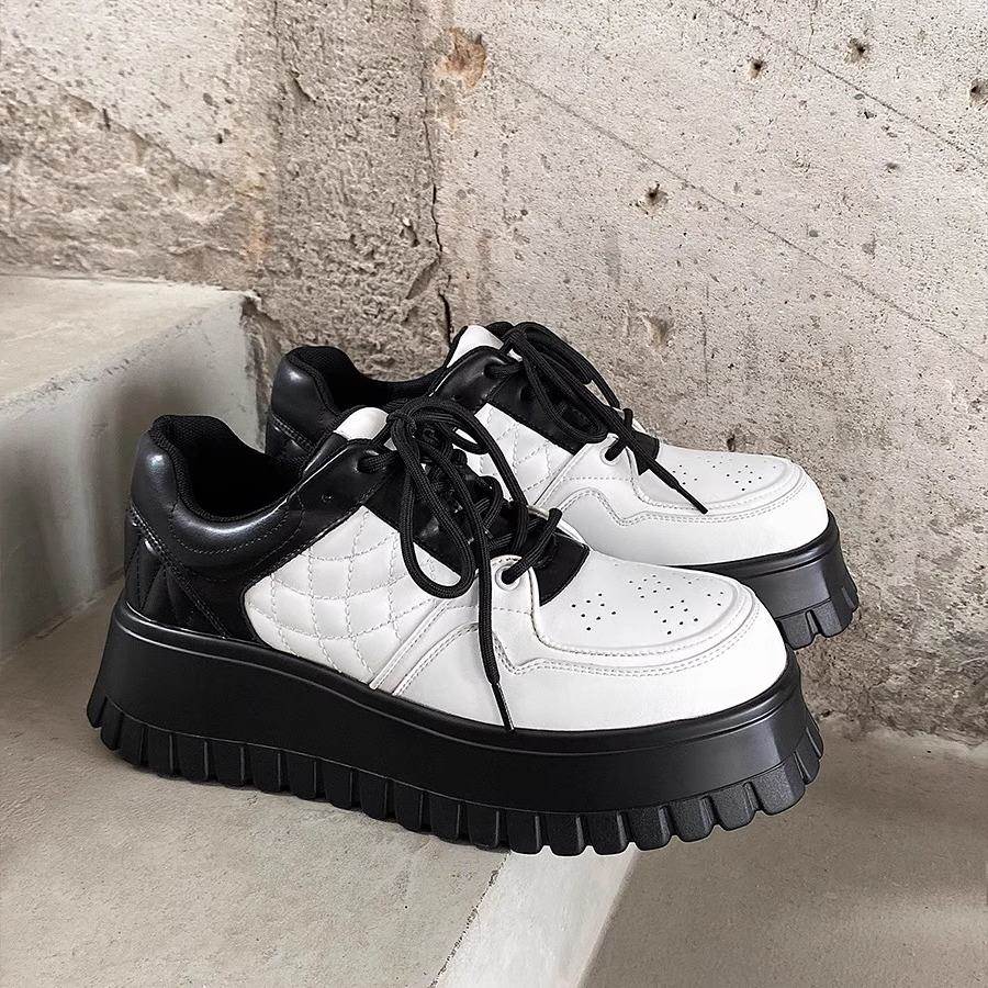 潮牌秋季黑白真皮板鞋男新款松糕厚底增高老爹鞋高级感百搭运动鞋