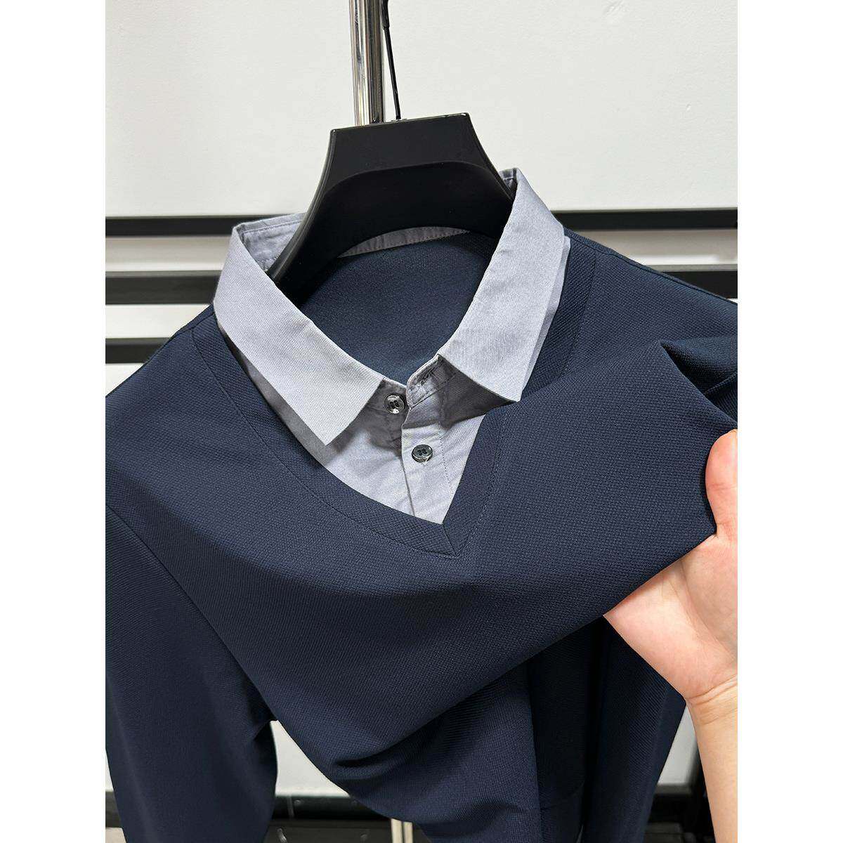 春秋季假两件针织衫男商务休闲衬衫领长袖T恤宽松拼接有领上衣