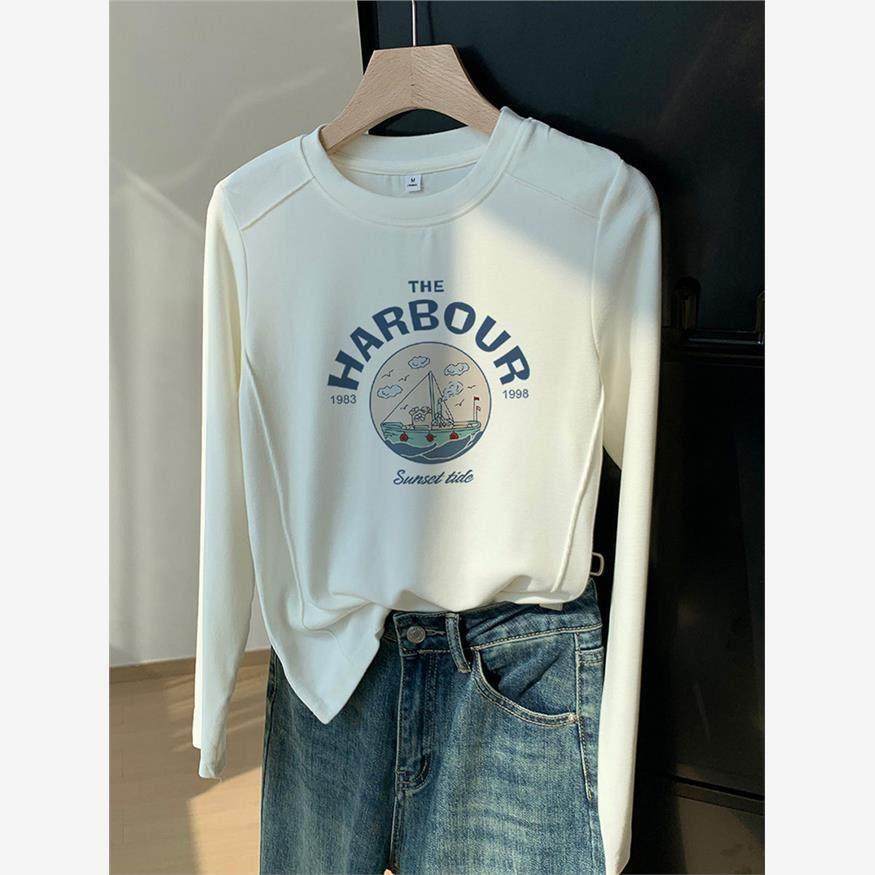 韩国正肩纯棉圆领长袖t恤女打底衫时尚百搭洋气加厚白色上衣春秋