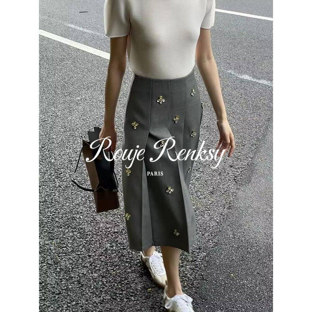 法国Rouje Renksy法式钉钻灰色百褶半身裙女春高腰气质压褶西装裙