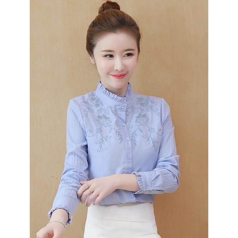 香港TIMO春秋季女士衬衣小立领纯棉衬衫女长袖刺绣全棉上衣洋气