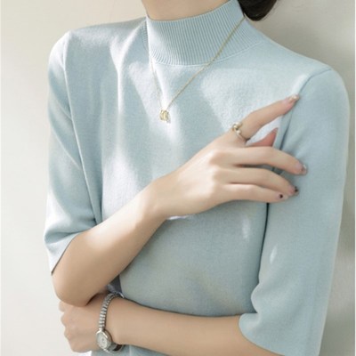 法式紫色半高领中袖打底衫女2025春秋季新款宽松今年流行针织上衣